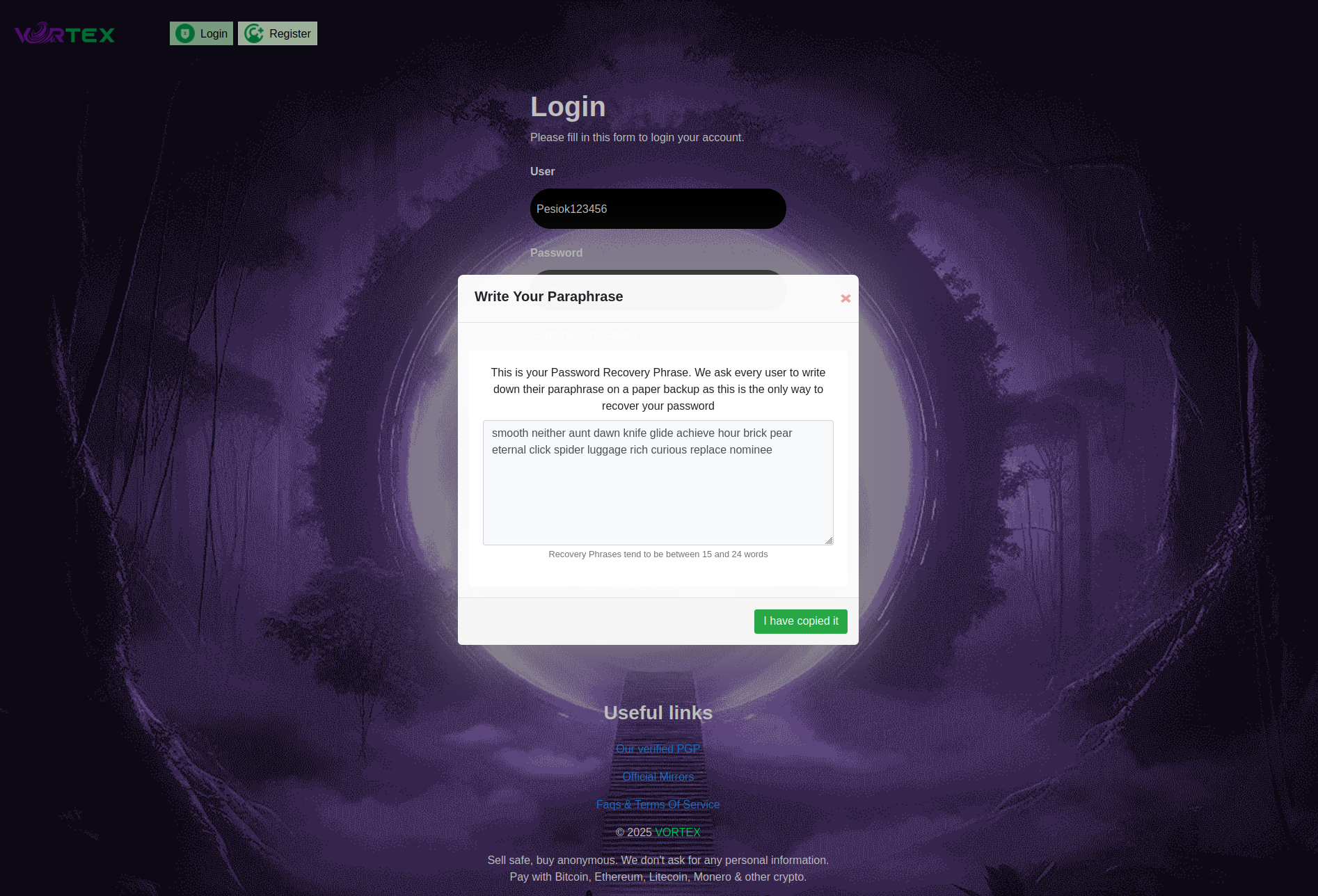 Vortex Market Mnemonic Recovery Phrase